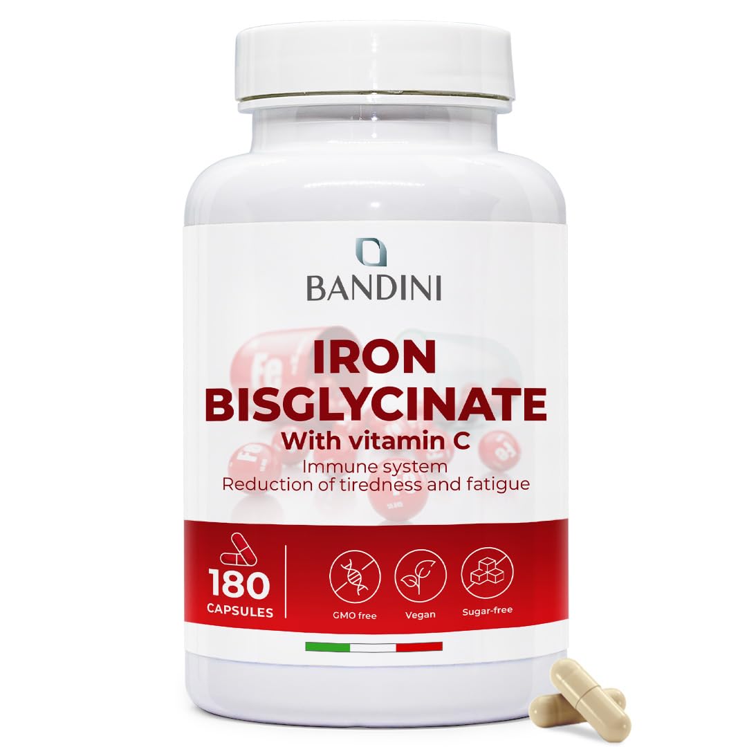 Bandini® Iron Capsules High Strength | 80mg Vegan Iron Bisglycinate with Natural Vitamin C | 6+ Month Supply, 180 Capsules | Tiredness, Fatigue, Blood, Immunity | High Absorption Supplement