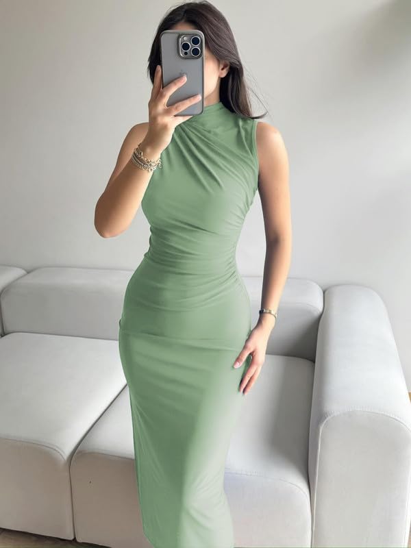 Vestido Mujer Sexy sin Mangas Cuello Alto Vestidos Largo Ajustado Elegante Maxi Vestido con Abertura Verano Cintura Alta Slim Fit Wrap Vestidos Fruncido de Fiesta Cóctel Noche Clubwear