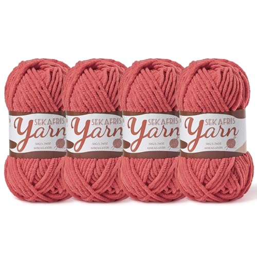 Image of 4 Pack Fluffy Velvet Yarn for Crocheting,Baby Blanket Yarn for Crocheting Soft,200g(262.4yds) Amigurumi Yarns,Plush Chenille Crochet Yarns,Puzzle Yarn for Crochet Weaving Craft(4 Watermelon Red)
