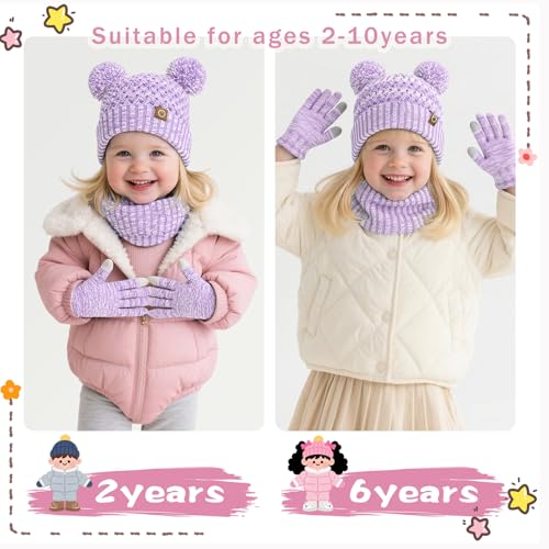 Image of Kids Winter Hat Gloves Scarf Set,Toddler Girls Winter Hat Kids Beanie with Pom Neck Warmer Gaiter Mittens Fleece Lined Set