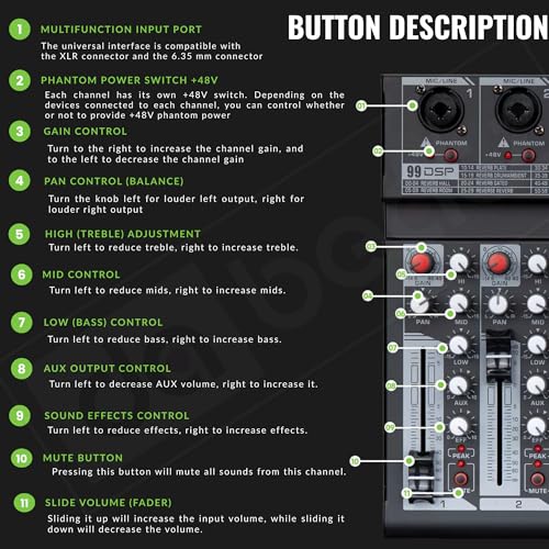Image of Dabeatz MX06 6 Channel Audio Mixer with 6xXLR /6.35mm Inputs, Bluetooth, USB /PC /MP3 Playback, 99 DSP Effects, 7-Band EQ, Mute, Recording, +48V Phantom Power - DJ, Karaoke, Studio & Live Sound
