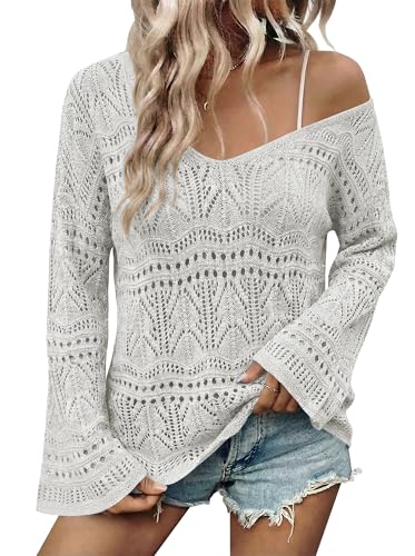 Image of Cakulo Womens Summer Crochet Tops Boho Off Shoulder Sweaters Lightweight V Neck Loose Vacation Resort Wear 2026