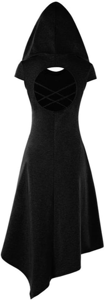 Womens Halloween Dress Hoodie Criss Cross Medieval Cosplay Asymmetrical Midi Dresses with Hat