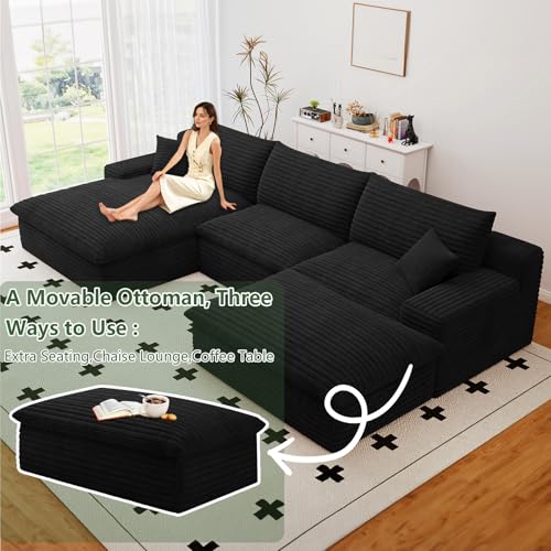Image of 107 inch Cloud Couch Modular Sectional Sofa for Living Room, U-Shape Boneless Couch with Deep Seat, Modern Corduroy 3-Seater with Ottoman, No Assembly Required (Black,Left-Facing Chaise)