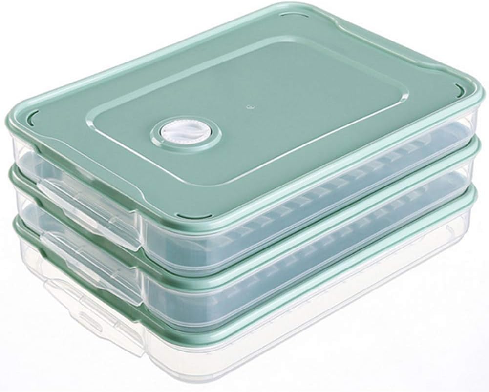 1 Set Rectangle 3-Layer Food Storage Organizer Dumpling Containers Refrigerator Storage Box with Lid&Plastic Handle Green