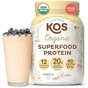 KOS Vegan Protein Powder Erythritol Free, Vanilla USDA Organic – Pea Protein Blend, Plant Based Superfood Rich in Vitamins & Minerals – Keto, Dairy Free – Meal Replacement for Women & Men, 28 Servings