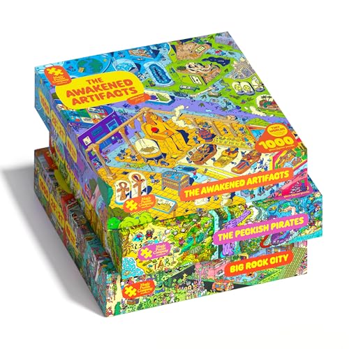 Magic Puzzles 3-Pack Series Four Big Rock City The Awakened Artifacts & The Peckish Pirates 1000-Piece Jigsaw Puzzles from The Magic Puzzle Company