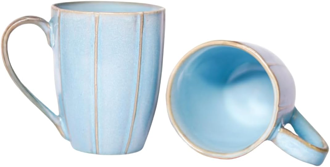 Set of 2 Sky Blue Ceramic Coffee Mugs with Gold Line Design | Microwave Safe Tea Cups for Home & Office (2)