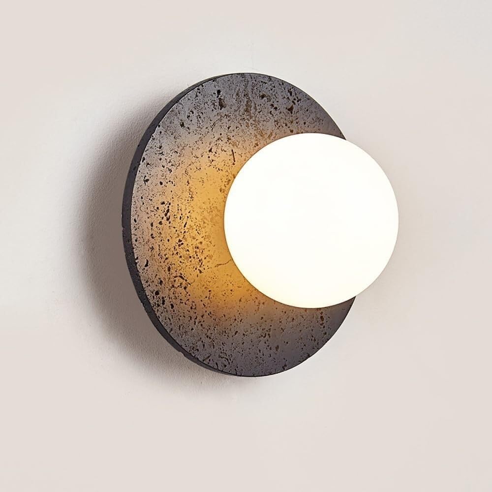HYJAUSXB Modern Nordic Minimalist Wall Sconce Light - Natural Travertine Stone & Frosted Glass Orb Design Round Hardwired Lamp for Bedroom, Living Room, Hallway, and Lighting