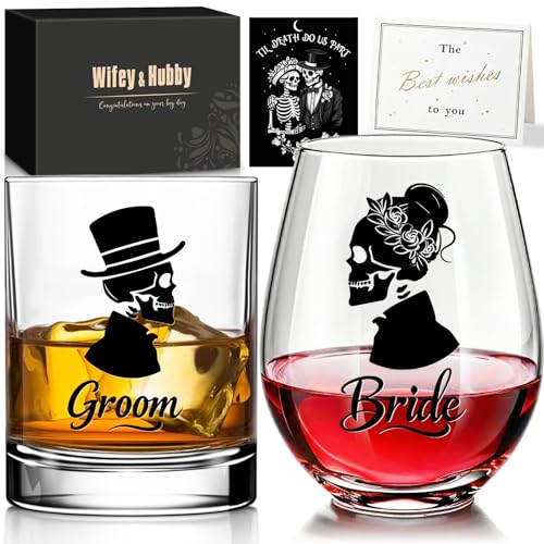 Skull Bride & Groom Wine Glasses for Couples