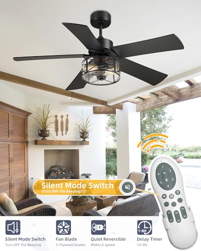 Image of YOUKAIN 48-Inch Farmhouse Ceiling Fan with Light & Remote, Clear Glass | 5 reversible black and wood blades, quiet operation for bedrooms and living rooms
