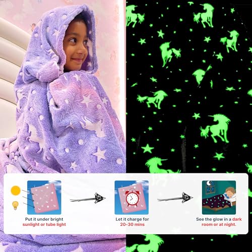 Image of Famyo Glow Blanket for Kids -Unicorn | Kids Blanket 0-15 Yrs | 200x152 cm Double Bed Blanket | Soft Flannel Blankets for Winter | Lab-Tested & Safe, (Purple)