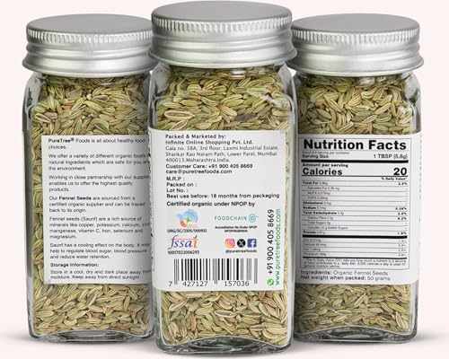 Image of Pure Tree Certified Organic Fennel Seeds | 50 Gm | Glass Jar | Saunf, Variyali | Perumjeerakam Whole Spices Sombu Whole | Fennel Seeds Saunf | Organic Saunf Rich Flavour Sombu