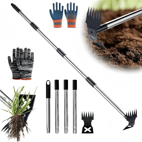 Liahelianx - Liahelianx Weeding Tool with 150cm Long Handle, Stand-Up Weeder, Includes Gloves, 2-in-1 Hand Rake and Hoe Garden Weeding Tool, Heavy-Duty Root Removal Puller, Lawn Terrace Garden Weeder Accessories