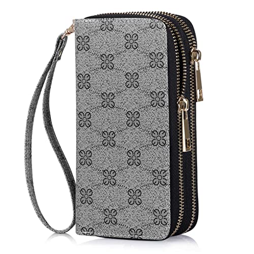 HAWEE Double Zipper Wallet for Woman Clutch Purse with Cell Phone Holder for Smart Phone/Card/Coin/Cash, Four Leaf Clover Grey