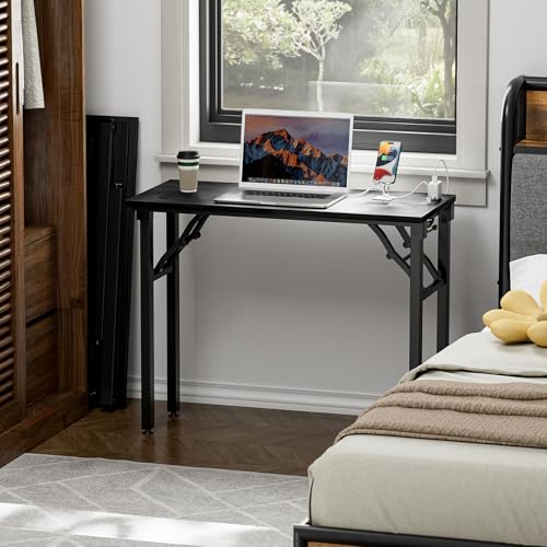 Image of TEMI Small Computer Desk Folding Table - No Assembly, Compact 35.8 inch Foldable Desk with Power Outlets & USB Charging Port, Portable Small Office Desk, Ideal Mini Study Table, Dark Oak