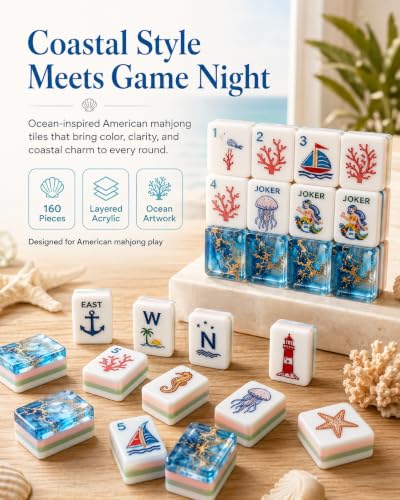 XLJSLDZ Ocean Themed Mahjong Tiles, 160 Piece American Mah Jongg Set with Layered Acrylic Mermaid, Coral and Shell Artwork, Pink and Green Game Pieces for Adults, Family Nights, Travel and Gifts - Image 2