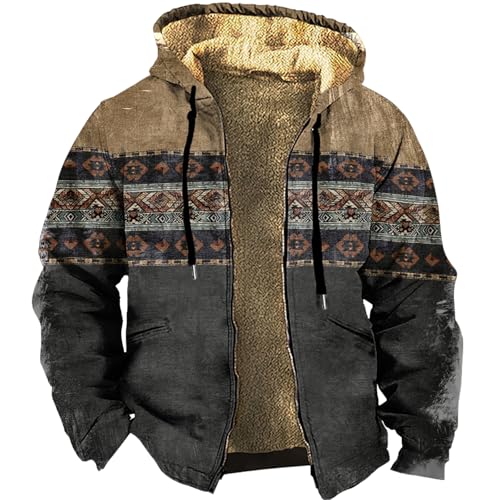 domirica Aztec Jacket Men Western Cowboy Sherpa Fleece Patagonia Corduroy Zip Up Tactical Jacket Winter Hunting Wool Casual Lightweight Big And Tall Hooded Trucker Jacket,Brown,XL
