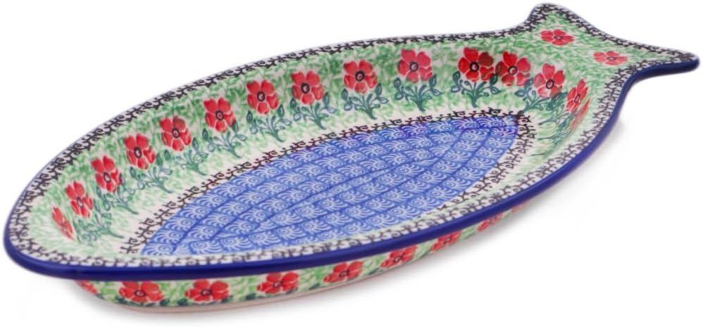 Polmedia Polish Pottery Fish Shaped Platter 12-inch - Maraschino Pattern Handmade in Boleslawiec Poland by Ceramika Artystyczna + Certificate of Authenticity
