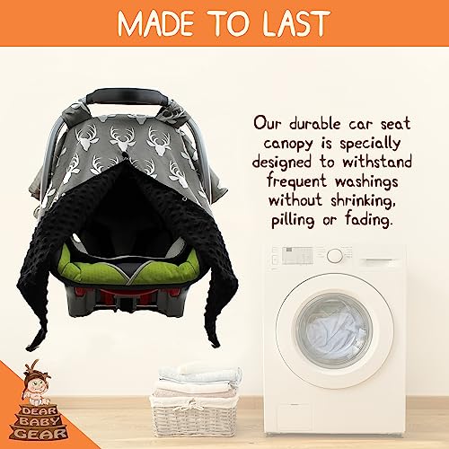 Image of Dear Baby Gear - 40x30 Car Seat Canopy, Infant Carrier Cover for Boys & Girls, Cozy Fall Baby Shower Gift, Nursing & Stroller Use, Newborn Travel Sunshade Accessory, Antlers on Grey, Black Dot