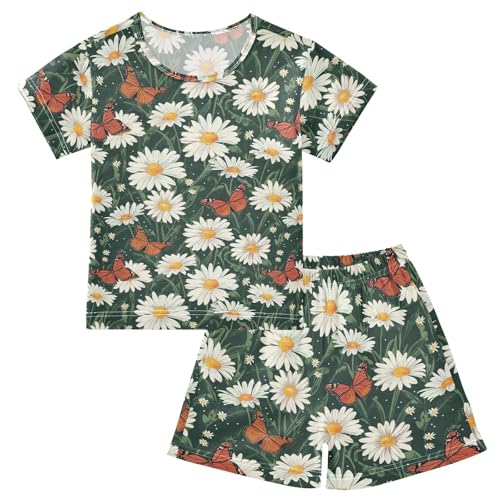 ALAZA Daisy Flowers Butterfly Pajama Set Short Sleeve Sleepwear Soft Lounge Nightwear