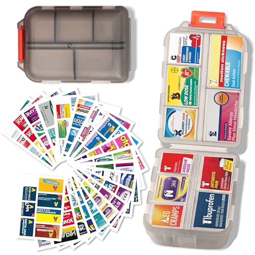 Image of Large Pill Organizer with 161 Medicine Labels, Travel Pill Case | Gray Large pill case with 10 compartments and 161 medicine labels for 7-day planning, vitamins, supplements, daily use