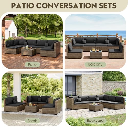 Image of LHBcraft 7 Piece Outside Sectional Furniture Set, All Weather Wicker Patio Sofa, Outdoor Sectional Balcony Furniture with Black Cushion & Glass Coffee Table