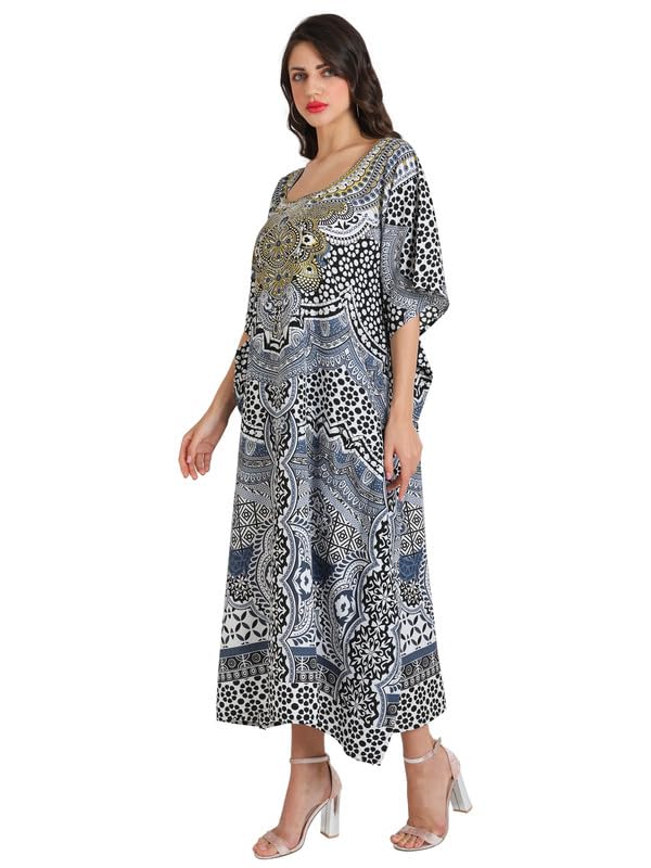 Image of Miss Lavish London Black Kaftan Dresses for Women V Neck Batwing Sleeve Beach Vacation Bikini Swimsuit Cover Ups Loungewear for Summer,Pockets on Both Sides, Resort Wear & Cruise Coverup- Black-M