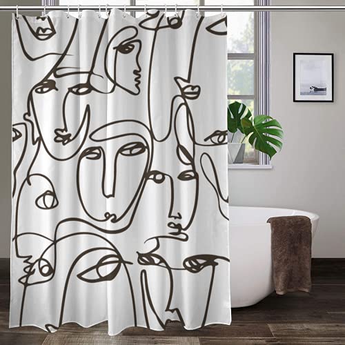 Modern Shower Curtain Black and White Abstract Faces Shower Curtain Sets, Aesthetics Simple Fabric Curtain for Bathroom Decor, Waterproof Nordic Modern, 72x72 Inch
