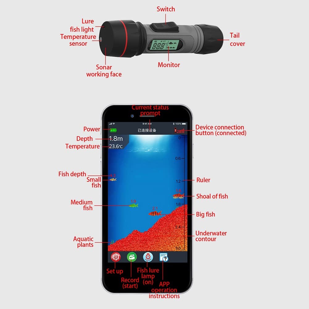 CUNTO Buscador de Peces inalámbrico para Pesca de Invierno, sonda ecosonda con conexión Bluetooth, Temperatura, Pantalla LCD, Mango Digital, buscador de Profundidad portátil a Prueba de Agua