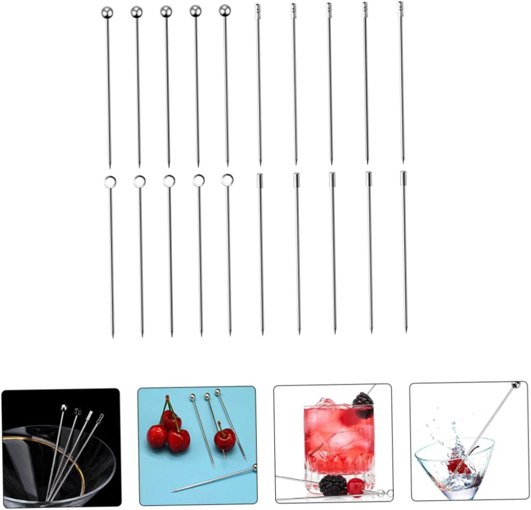 20pcs Stainless Skewers Cocktail Picks Set Fruit Sticks for Garnishing Cocktails