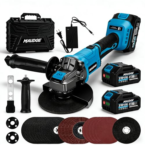 MAUDOE 5' Cordless Angle Grinder Kit, 21V Brushless Power Grinders Tool with 2 x 4.0Ah Battery, 125MM, 10000 RPM Electric Metal Cut Off Tool with 8 Cutting Disc for DIY, Cutting, Grinding, Polishing