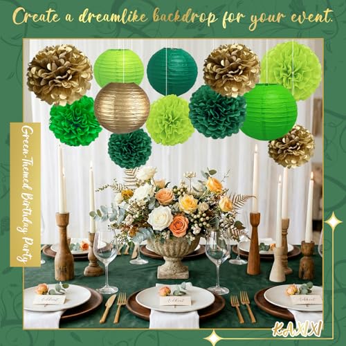 Image of KAXIXI 15-Pack Green and Gold Party Decorations, Paper Lanterns & Pom Poms