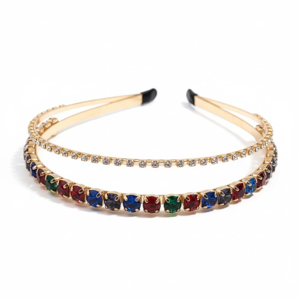 M4SK ART Golden Crystal Rhinestone Double Layer Hairband for Women | Wedding Headband with Multicolor Stones | Stone Studded Decorative Bridal Hair Accessory for Girls and Traditional Functions-image-8