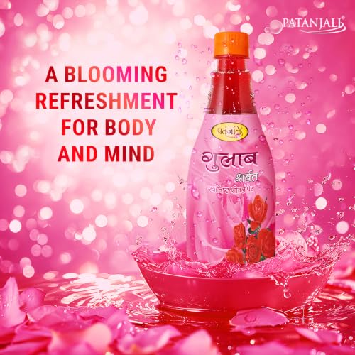 Image of Patanjali Gulab Sharbat, Instant Summer Cooler Drink, Refreshing Taste, 100% Natural Rose Flavor - 750 Ml