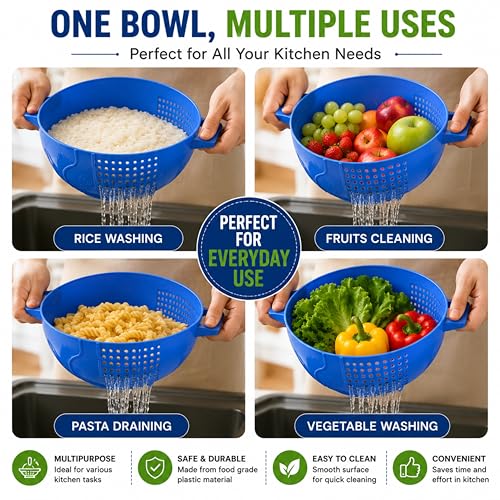 Image of Rice Washer Bowl for Kitchen | 2 in 1 Drain Basket & Colander | Vegetable Fruit Washing Bowl | Rice Cleaning Strainer Basket | Pasta Dal Washing Bowl | Food Grade Plastic