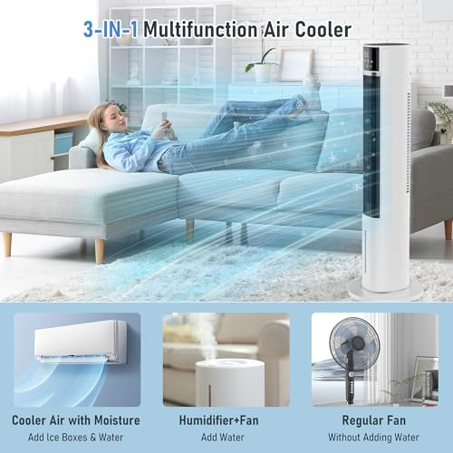 3-in-1 Evaporative Air Cooler, 40" Cooling Fan, 75° Oscillation, 3 Speeds 4 Modes, 12H Timer, Remote Control, 2 Ice Packs, 4L Water Tank, Portable Bladeless Fan with Humidifier, Be image 7