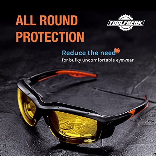 Image of ToolFreak Spoggles Safety Glasses for Work and Sport HD Yellow Lens, Anti Glare, Impact Protection, Filter Out Blue Light, Foam Padded, ANSI Z87 Rated, Head Strap and Carry Pouch
