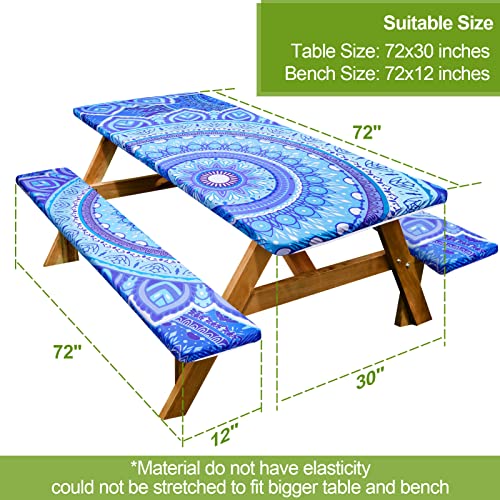 Image of Picnic Table Cover with Bench Covers 6FT 3 Pcs Waterproof Windproof Aesthetic Camping Tablecloth with Drawstring Bag, Fitted for 6 Foot Rectangle Tables and Seats, 72 inch, Light Blue Purple