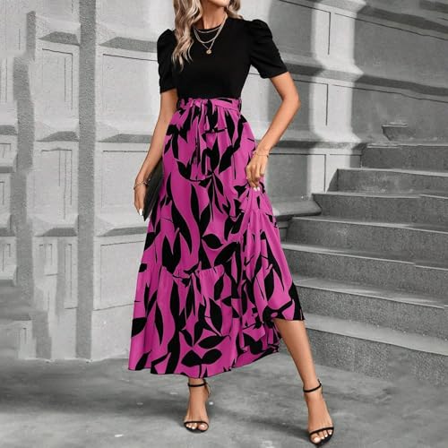 Robe longue imprimé abstrait col rond et manches bouffantes