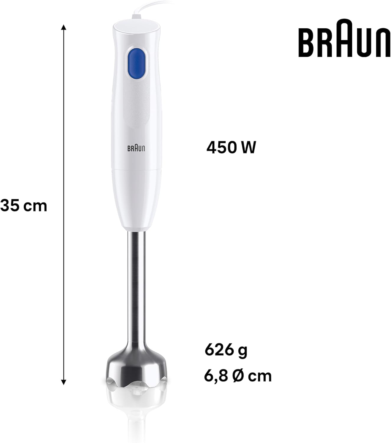 Braun MultiQuick 1 - Mixeur Plongeant Léger avec mini-hachoir pour Soupes, Smoothies et Purées Bébé, Verre Doseur 600 mL, 450W, Blanc (MQ10.201MWH)