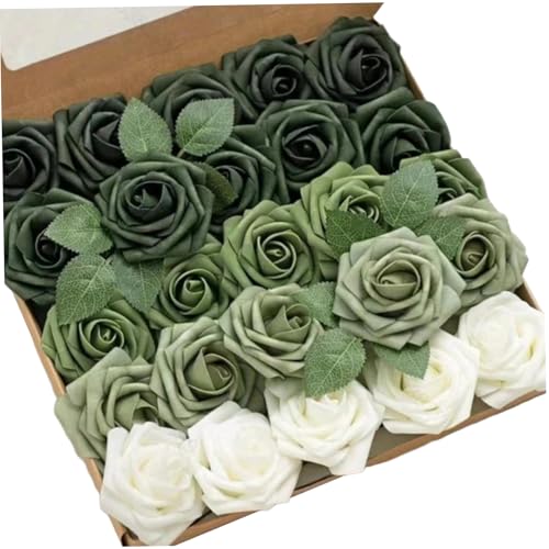 CGTQROVR Green Roses Artificial Flowers 25PCS Lifelike Foam Green Flowers with Stem Artificial Roses for Wedding Bouquets Bridal Shower Centerpieces