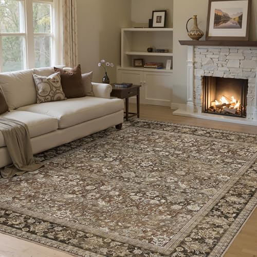 HUGEAR 5x7 Machine Washable Rugs Brown Hallway Area Rug Indoor Accent Rug Floral Low Pile Carpet Soft Throw Aesthetic Rug Bedroom Living Room Office Dining Room Kitchen Laundry Room Non Slip