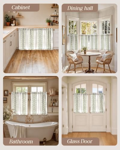 Image of Miss Adola Boho Kitchen Curtains - 30 Inch Length Linen Blend Green Floral Cafe Curtains Farmhouse Tier Curtain Short Drapes Rod Pocket for Bathroom Living Room Windows Light Filtering, 2 Panels