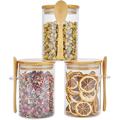 3 Pack Glass Containers Jars with Bamboo Airtight Lid and Spoon, 15Oz Glass Food Storage Canisters, Kitchen Organization Jar Set for Coffee Beans, Tea, Flour, Salt, Nuts, Candy, Cookie and More Cover