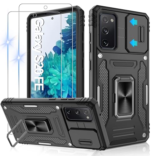 Jshru Hülle für Samsung Galaxy S20 FE 4G/5G Handyhülle Kameraschutz mit 2 STK Schutzfolie Militärstandard Stoßfest Schutzhülle 360 Metall Ring Ständer Case für Galaxy S20 FE Schwarz