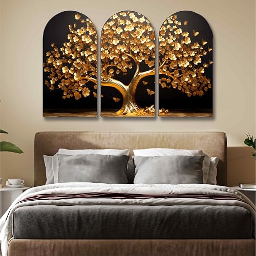 Image of Livin'luxe Luxury Golden Tree Wall Painting Set of 3 | Modern Tree of Life Arch Artwork | HD Sparkle Laminated PVC Framed Decorative Wall Decor for Living Room, Bedroom, Hallway & Office 30 Inch x 50 Inch