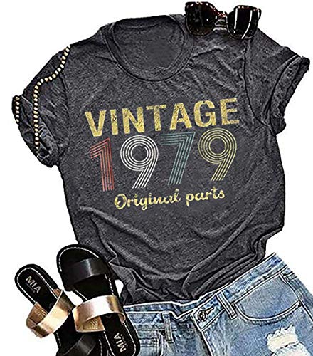40th Birthday Gift Womens T Shirt Retro Birthday Party Vintage 1979 Original Parts Casual Music Short Sleeve Tops(Black, M)