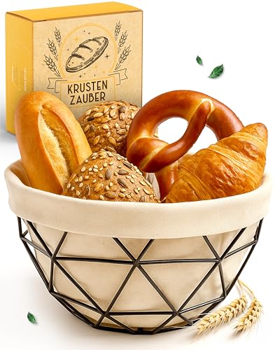 KRUSTENZAUBER Brotkorb modern mit Metallgestell - Waschbares Brotkörbchen für Brot & Brötchen - 20cm Durchmesser Brötchenkorb zur Brotaufbewahrung Frühstück Küche & Esstisch Praktisch und stilvoll
