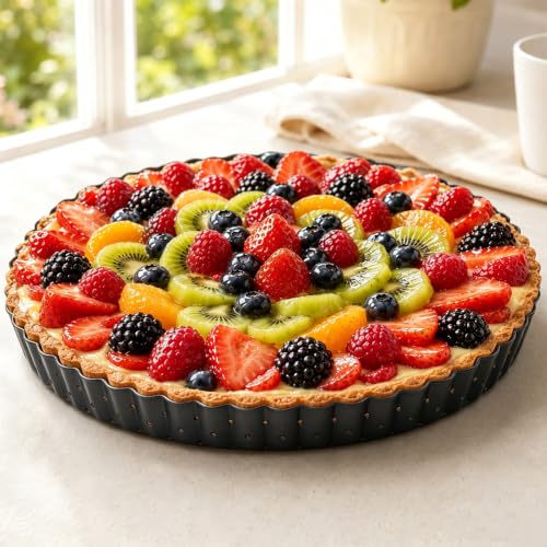 Image of 10 Inch Perforated Quiche Pan for Crispy Crust. Removable Bottom, Non-Stick Coating, Rugged Carbon Steel Dish for Tart Quiche Pie Baking. Gift for Christmas Thanksgiving Party